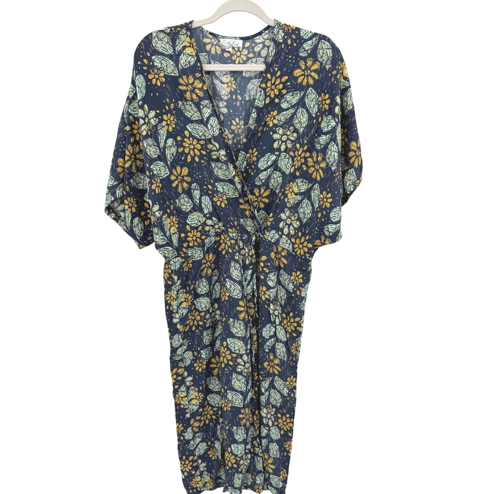 On The Road Womens Floral Batik Surplice V-Neck Drawstring Cropped Jumpsuit Navy